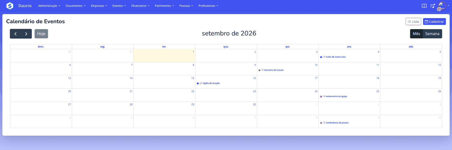 Calendário mensal com os eventos coloridos por tipo