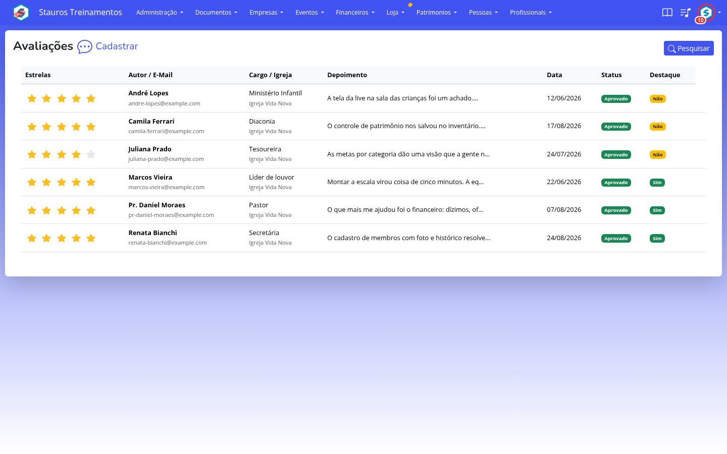 Listagem de avaliações, com estrelas, autor, depoimento, status e destaque