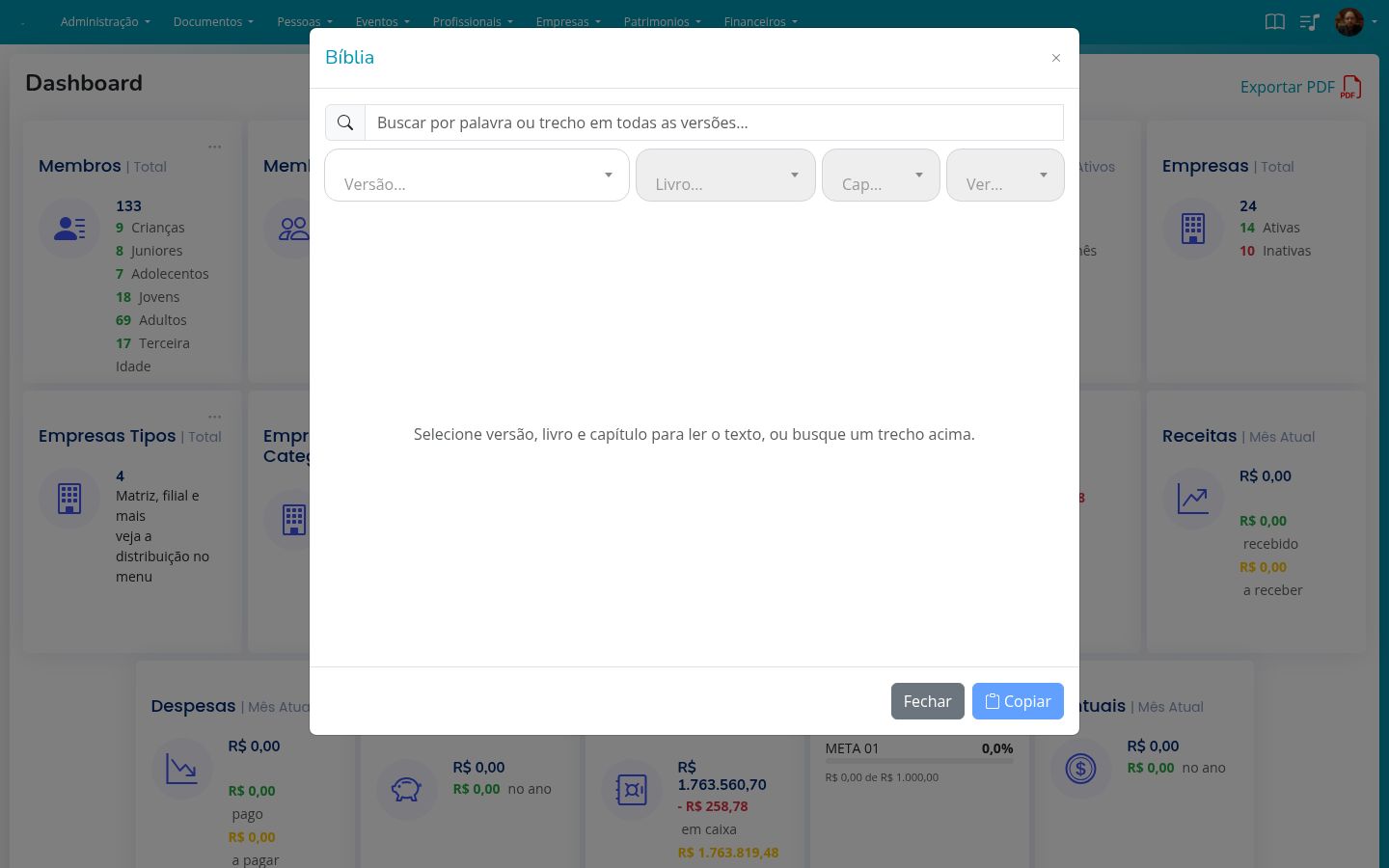 Modal de Bíblia recém-aberto
