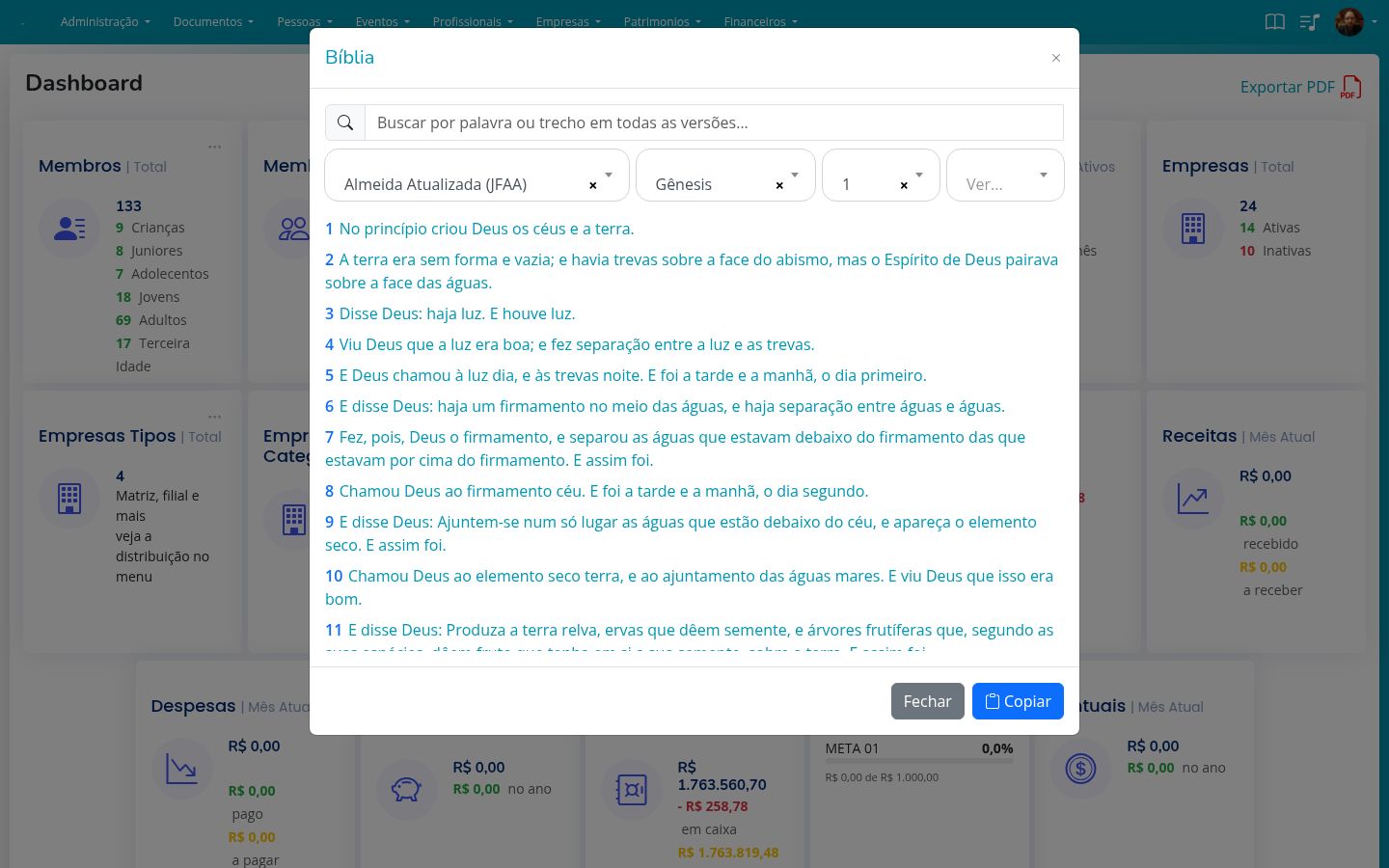 Capítulo selecionado, com o texto dos versículos