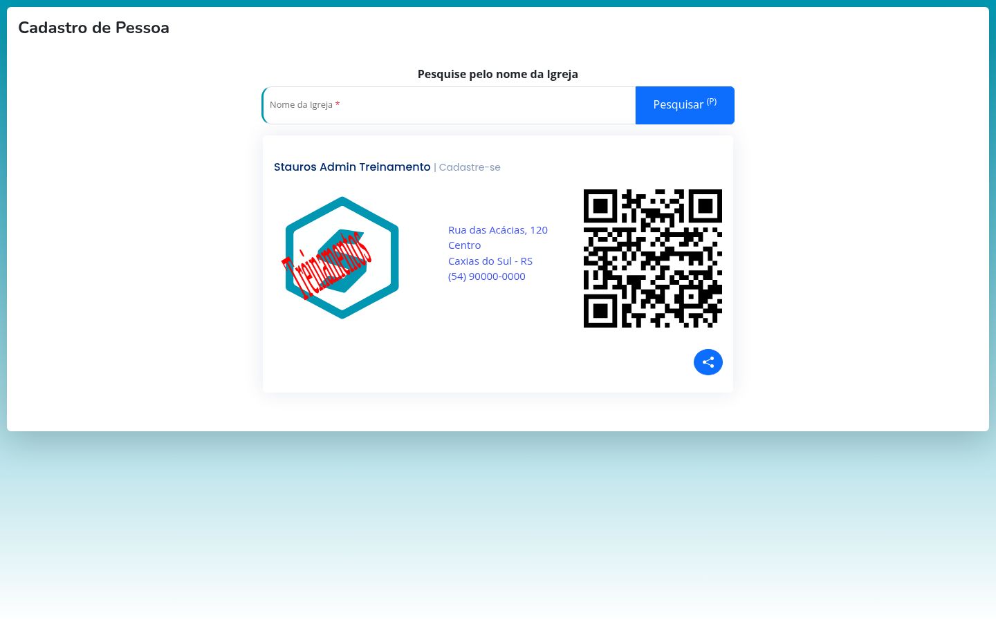 Cartão de convite da igreja, com endereço, QR Code e botão de compartilhar