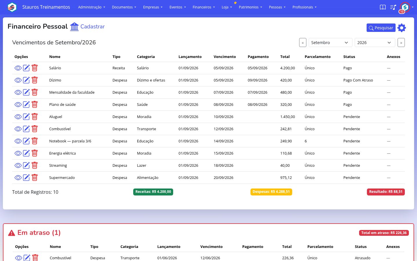 Listagem do financeiro pessoal, com os vencimentos do mês e os totais