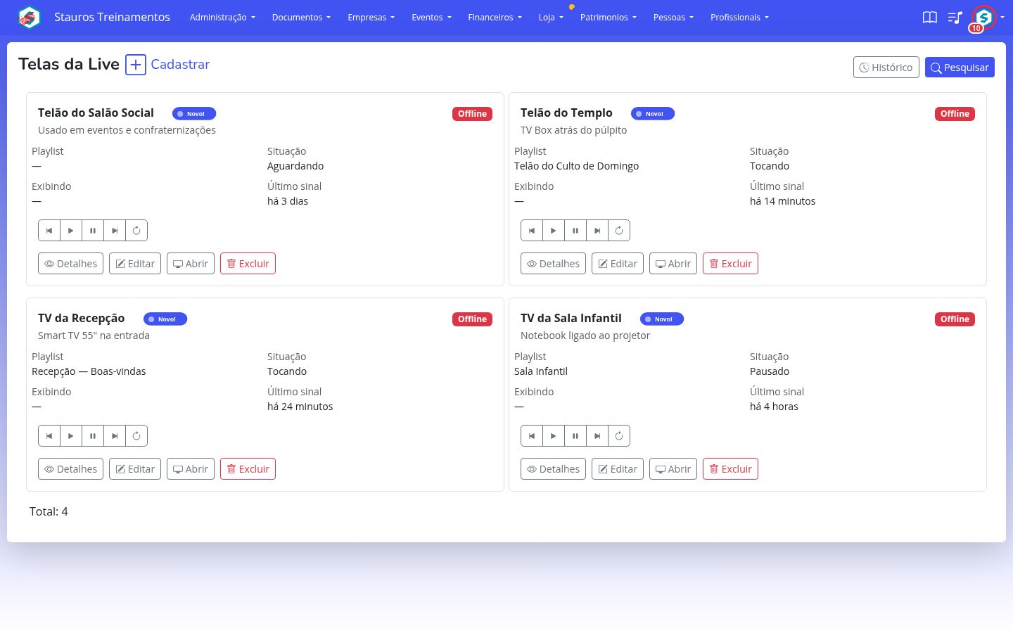 Listagem das telas da Live, com a situação de cada aparelho