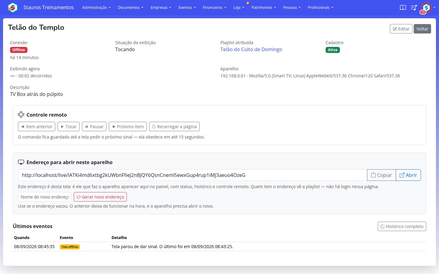Tela de uma Live, com controle remoto, endereço e histórico