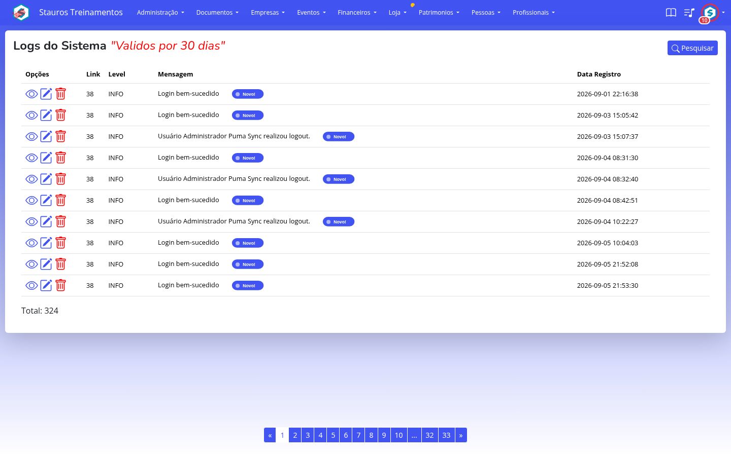 Listagem dos logs do sistema