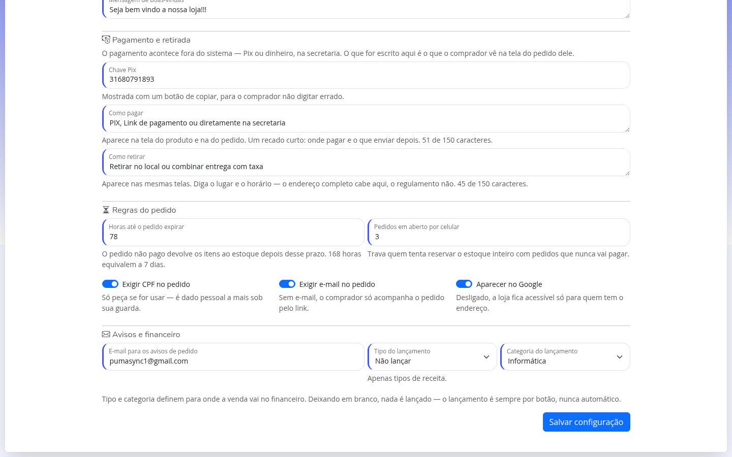 Seções de pagamento, regras do pedido e financeiro da configuração