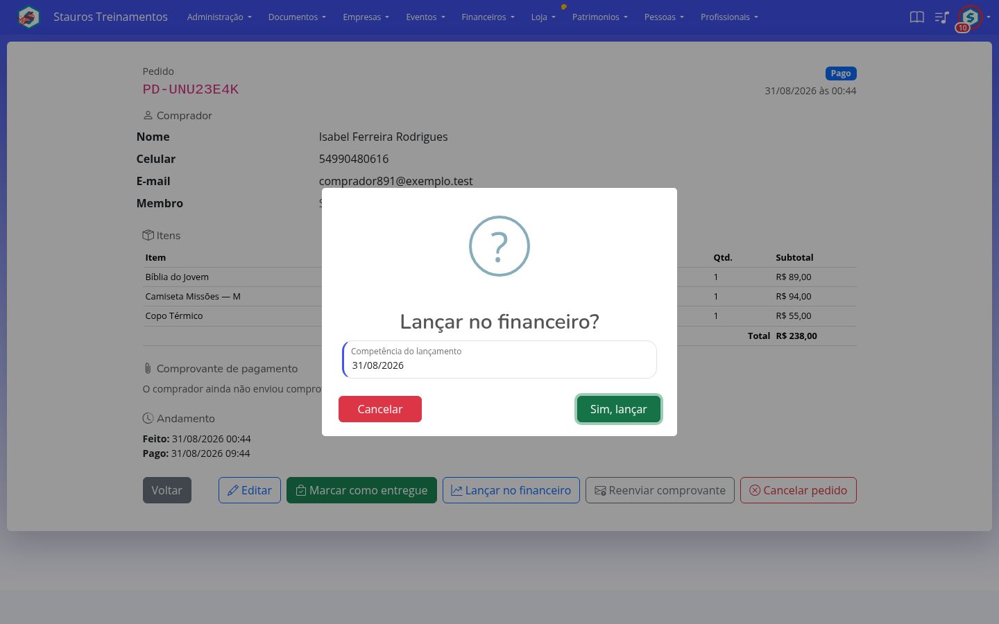 Modal de lançamento no financeiro, pedindo a competência