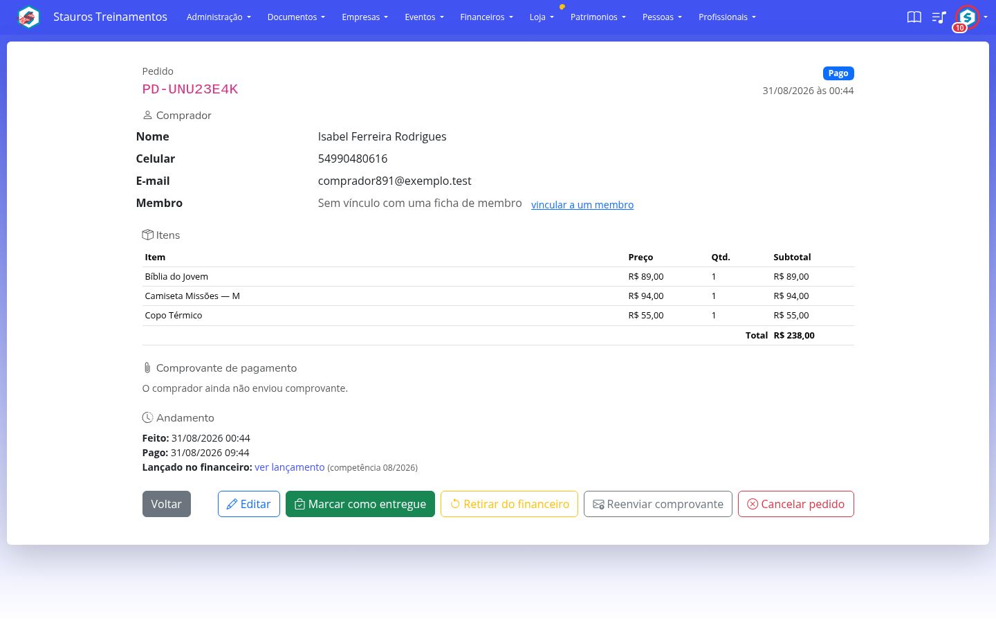Pedido já lançado, com o link para o lançamento e o botão de retirar