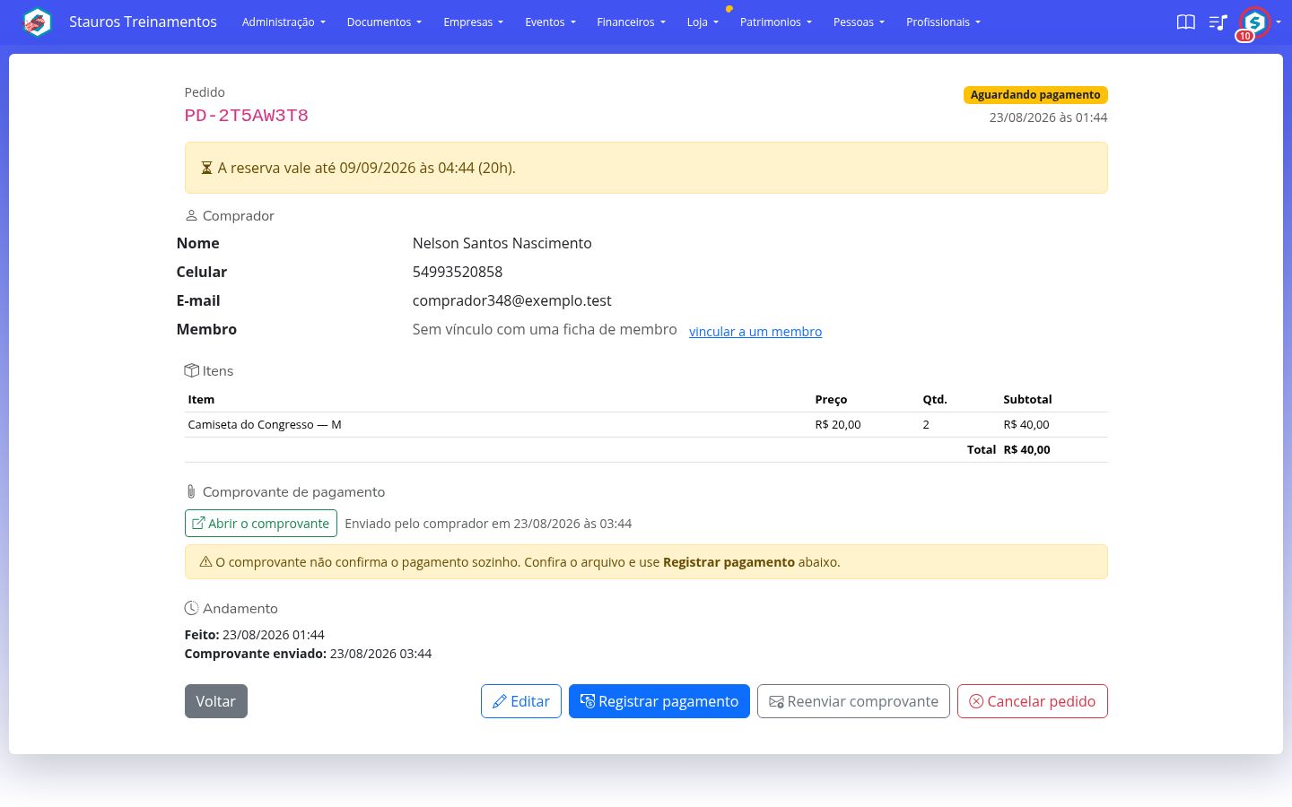 Tela de um pedido aguardando pagamento, com o comprovante enviado pelo comprador