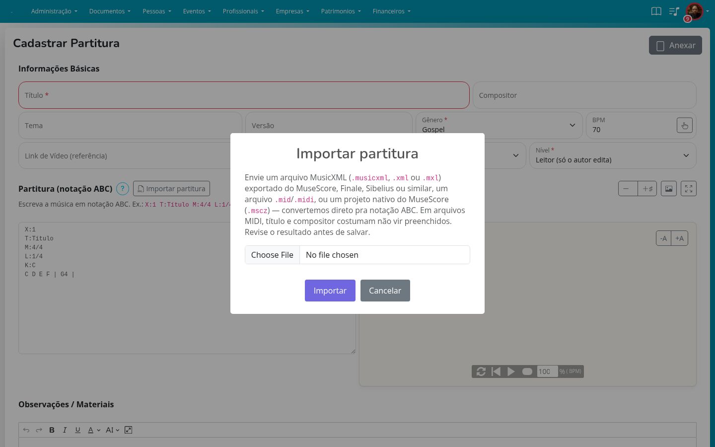 Modal de importação de partitura a partir de um arquivo