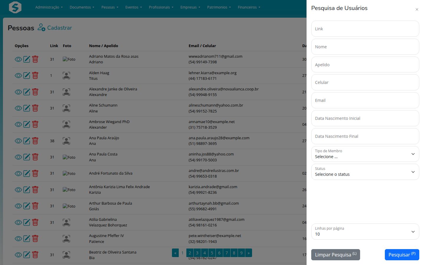 Painel de filtros da listagem de pessoas