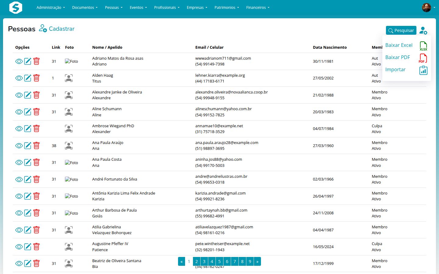 Menu de opções avançadas: exportar e importar