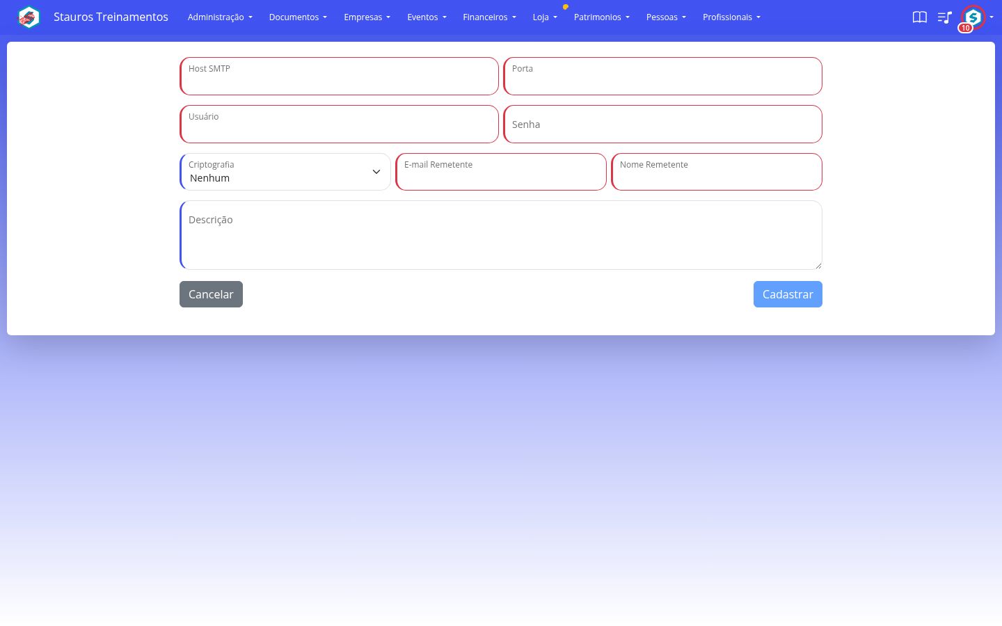 Formulário de configuração do servidor de e-mail