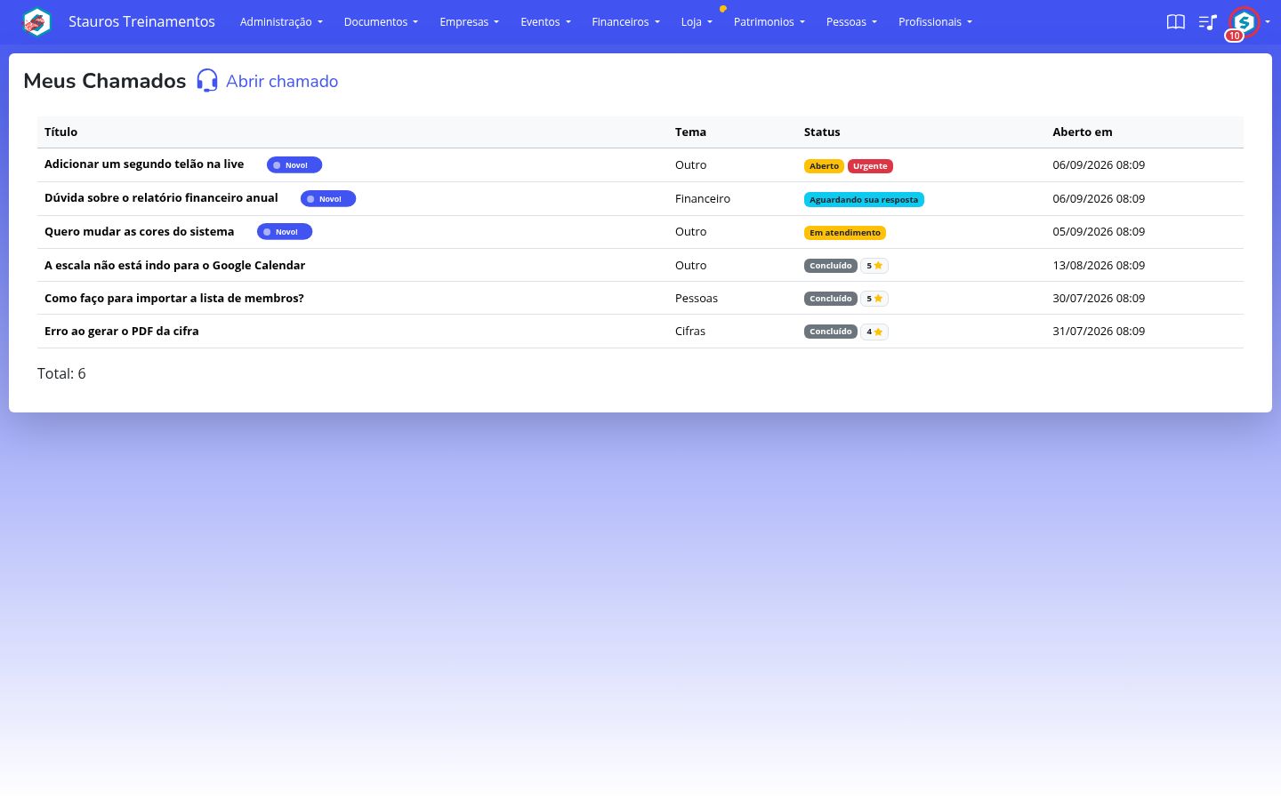 Tela Meus Chamados, com a lista de chamados abertos pelo usuário
