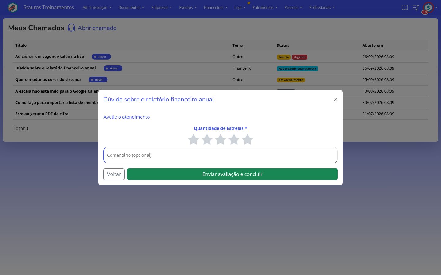 Tela de avaliação do atendimento, com as cinco estrelas e o campo de comentário